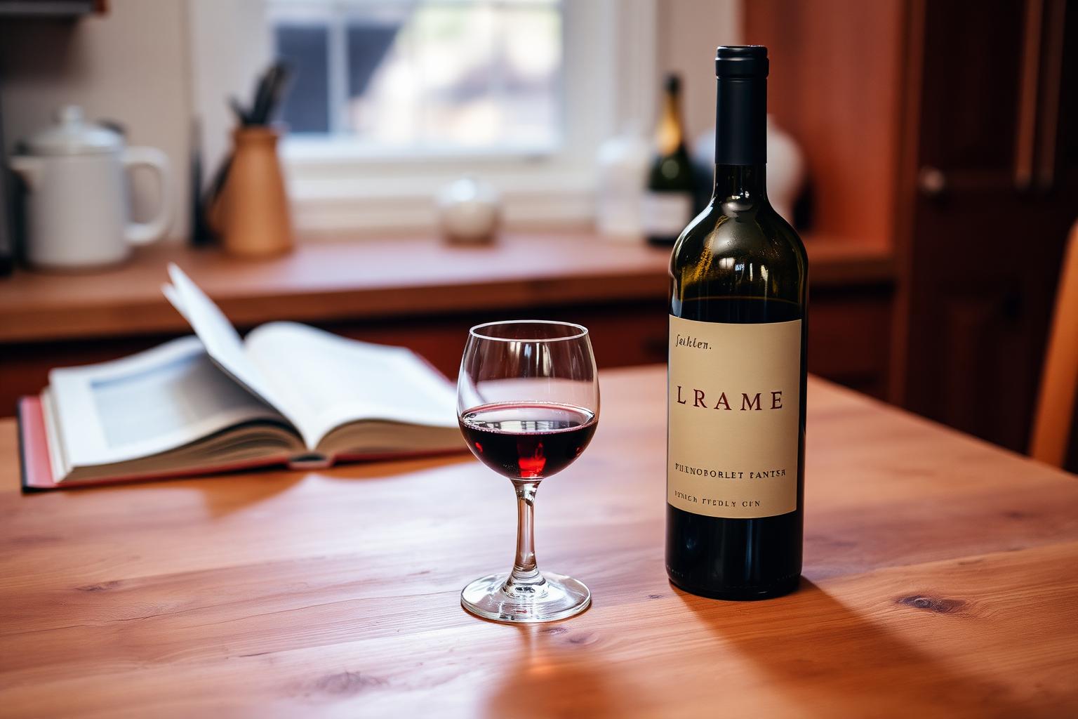 An open bottle of homemade red wine and a half-full glass on a worn kitchen counter on a quiet weeknight.