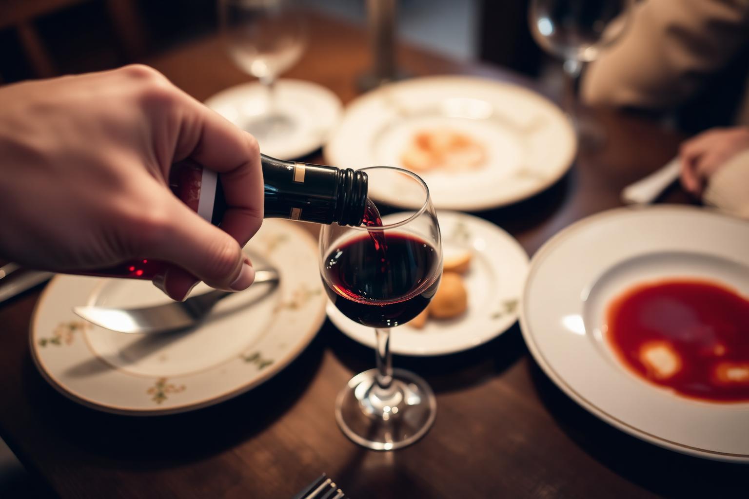 A hand pouring red wine into a small juice glass at a casual dinner table.