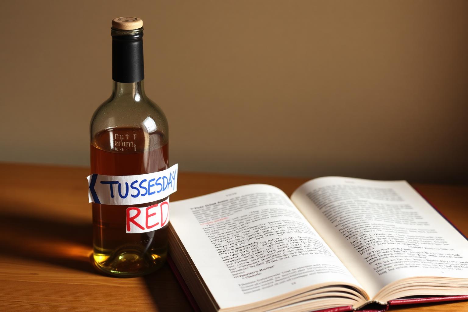 A homemade wine bottle with a blue painters tape label that reads TUESDAY RED, sitting next to an open paperback.