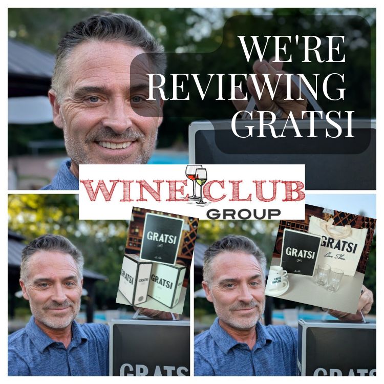 Three-panel collage of Todd reviewing Gratsi boxed wine outdoors, with the WineClubGroup logo overlaid