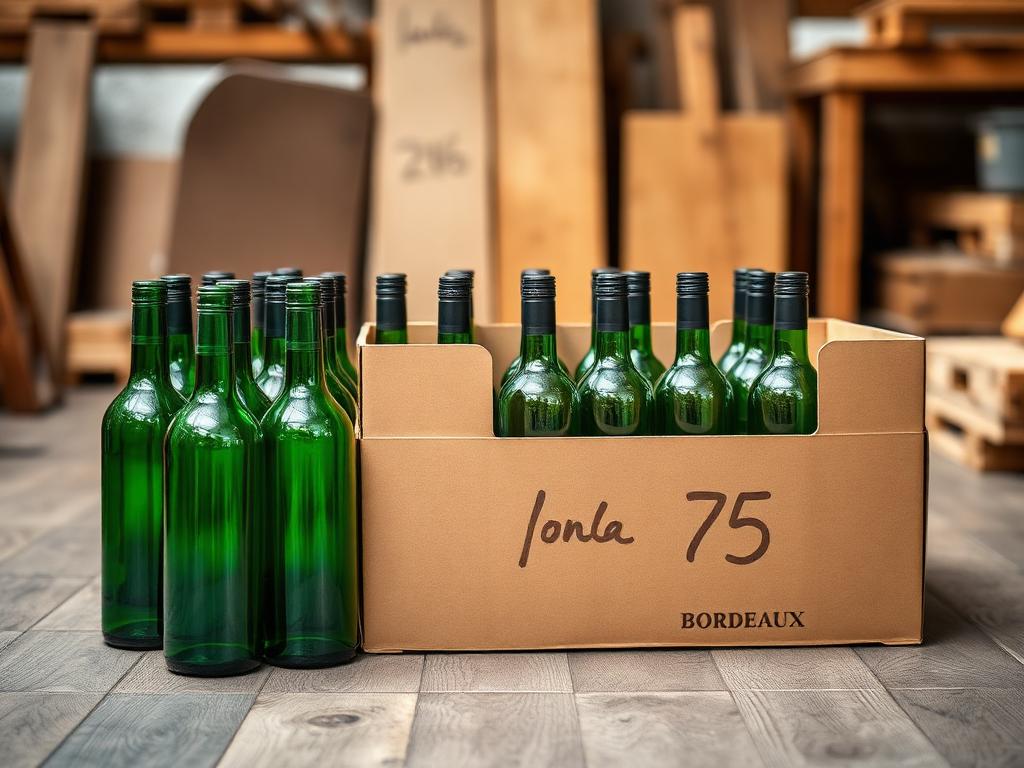 A cardboard case of twelve empty dark green Bordeaux wine bottles