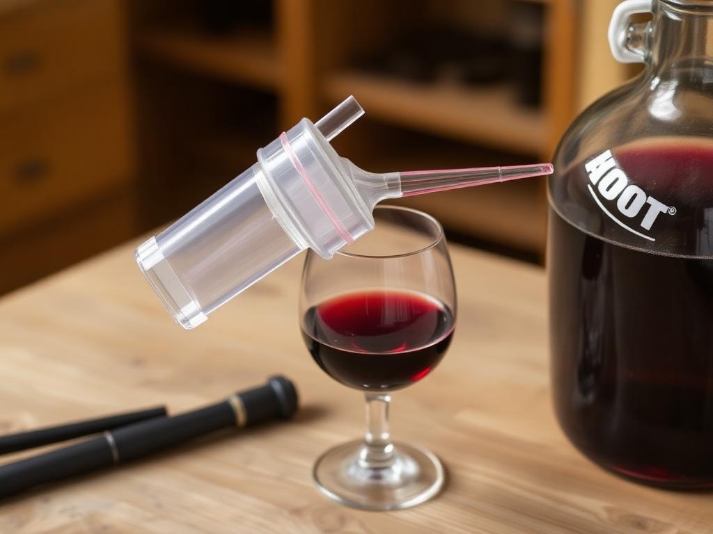 A long clear plastic wine thief next to a hydrometer and sample jar